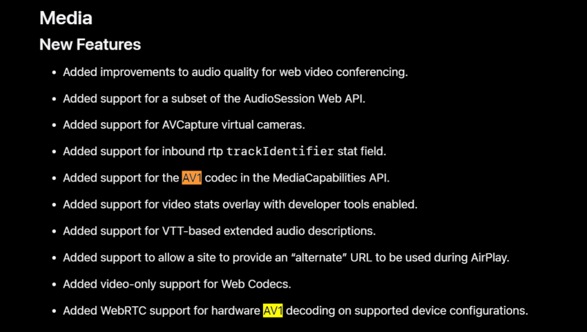 苹果 Safari 浏览器 16.4 Beta 增加支持 AV1 编解码器 API插图